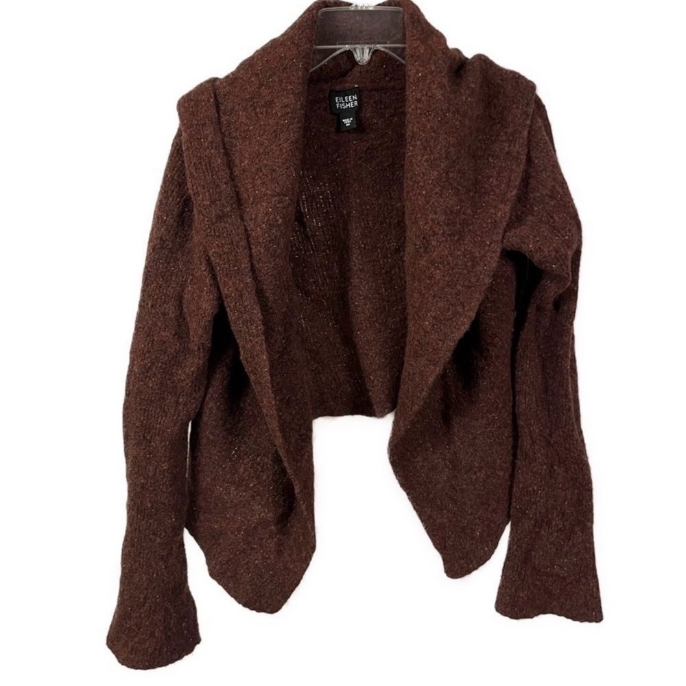 Eileen Fisher Women's Wool Blend Brown Cropped Wool Open Front Sweater- Size M